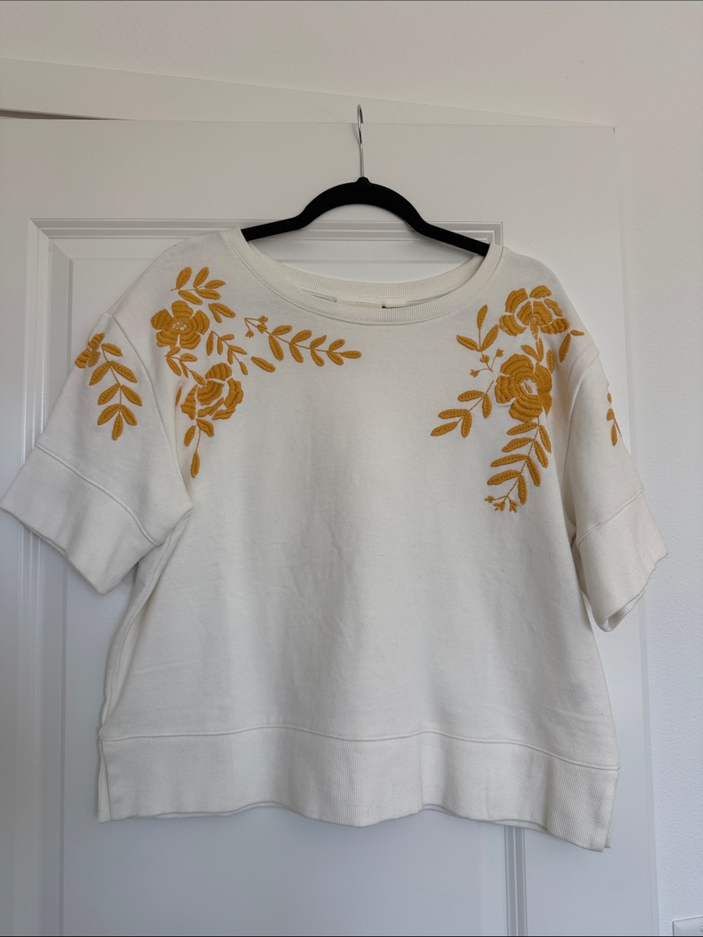Anthropologie Cream Short-Sleeve Sweatshirt with Mustard Floral Embroidery